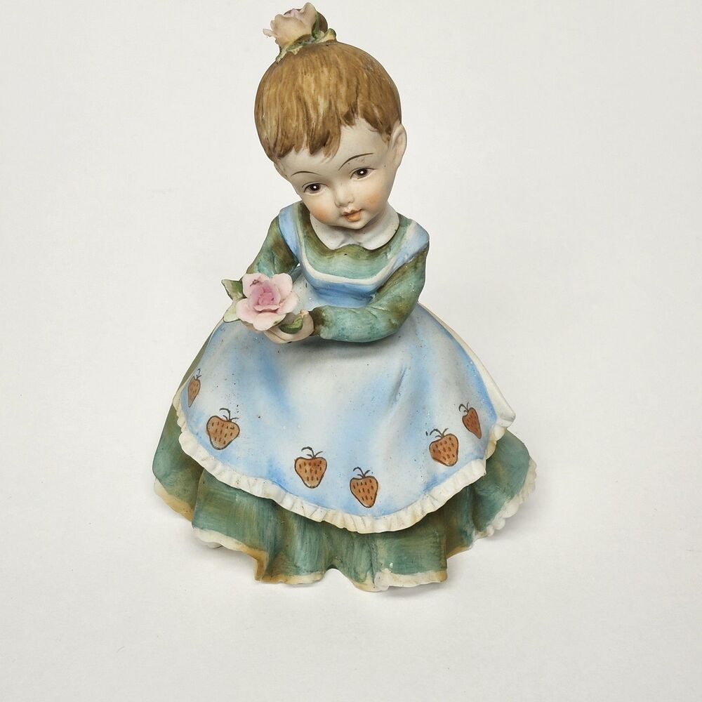Vintage Lefton China Girl Figurine KW340A Strawberry Print Dress Hand Painted